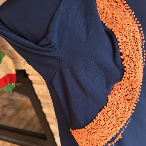 Judith March navy straight line dress 3/4 orange crochet bell sleeves lined boho - Picture 8 of 16